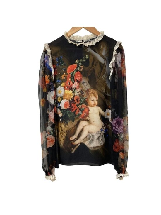 Dolce & Gabbana Tops - Dolce & Gabbana Flower Angel Print Sheer Sleeve Blouse Black 36
